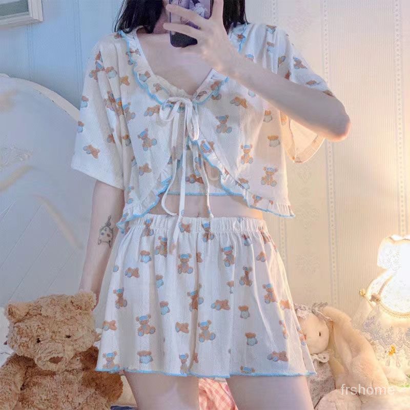 FRS home piyama asli baru musim panas gadis-gadis lucu kartun cinta suspender lucu tiga set