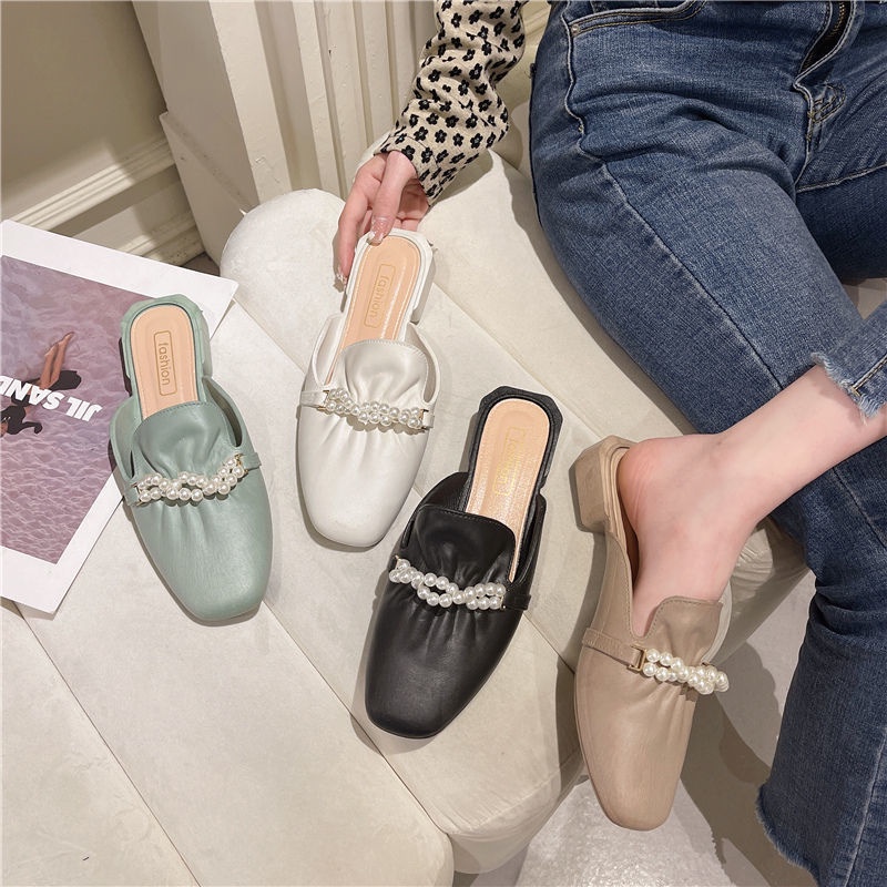 Sepatu Sandal Slop Flat Wanita Motif Mutiara Model Slip On Fashion Korea Style Kasual Nyaman PVC Azgalery SPT-41