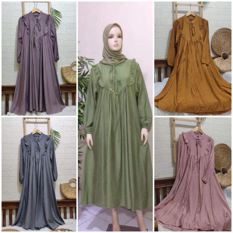 Midi dress bahan polo linen / Midi dress muslimah model ruffle / Gamis midi polo linen