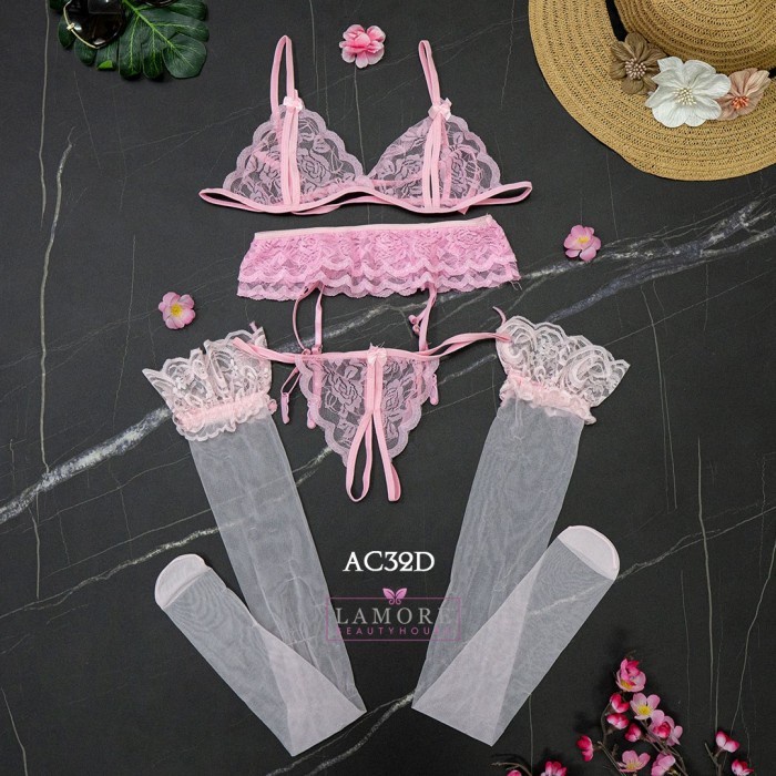 GARTER BELT + BRA SET CD G STRING + STOCKING SEXYSOFT PINK AC32D KUALITAS TINGGI 