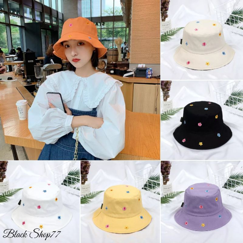 Topi Bucket Hat Pria Wanita Bordir Motif Bunga Bahan Katun