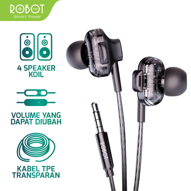 Headset Robot RE30 Wired Earphone - HITAM
