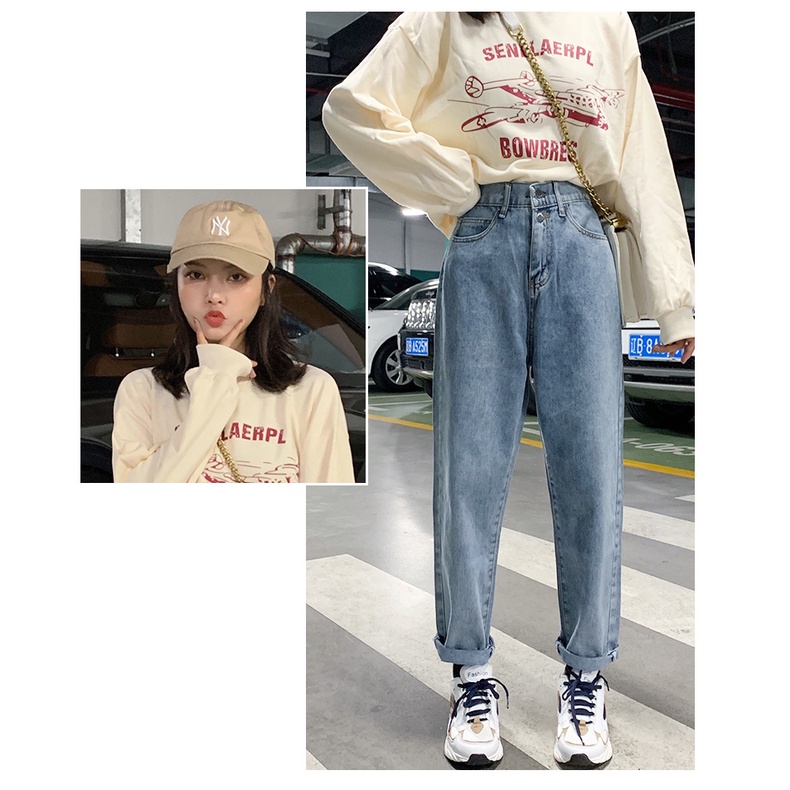 Celana Jeans Wanita Pinggang Elastis / Biru muda Highwaist Boyfriend Jeans Wanita