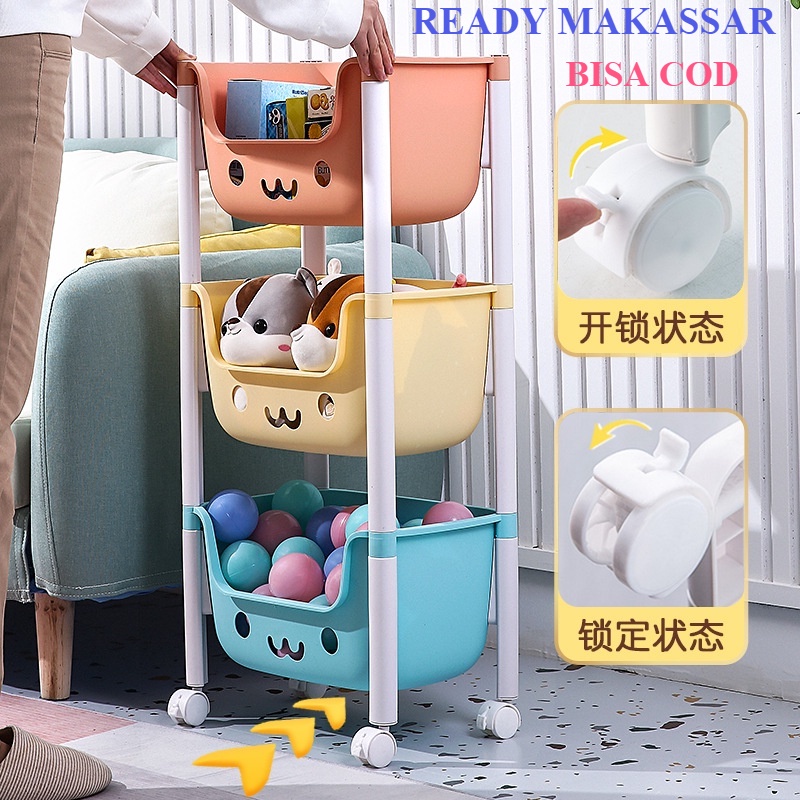 SURIA MAKASSAR - TROLI RAK PLASTIK MULTIFUNGSI / RAK MAINAN ANAK / RAK SUSUN 3 ADA RODA / TROLI TROL