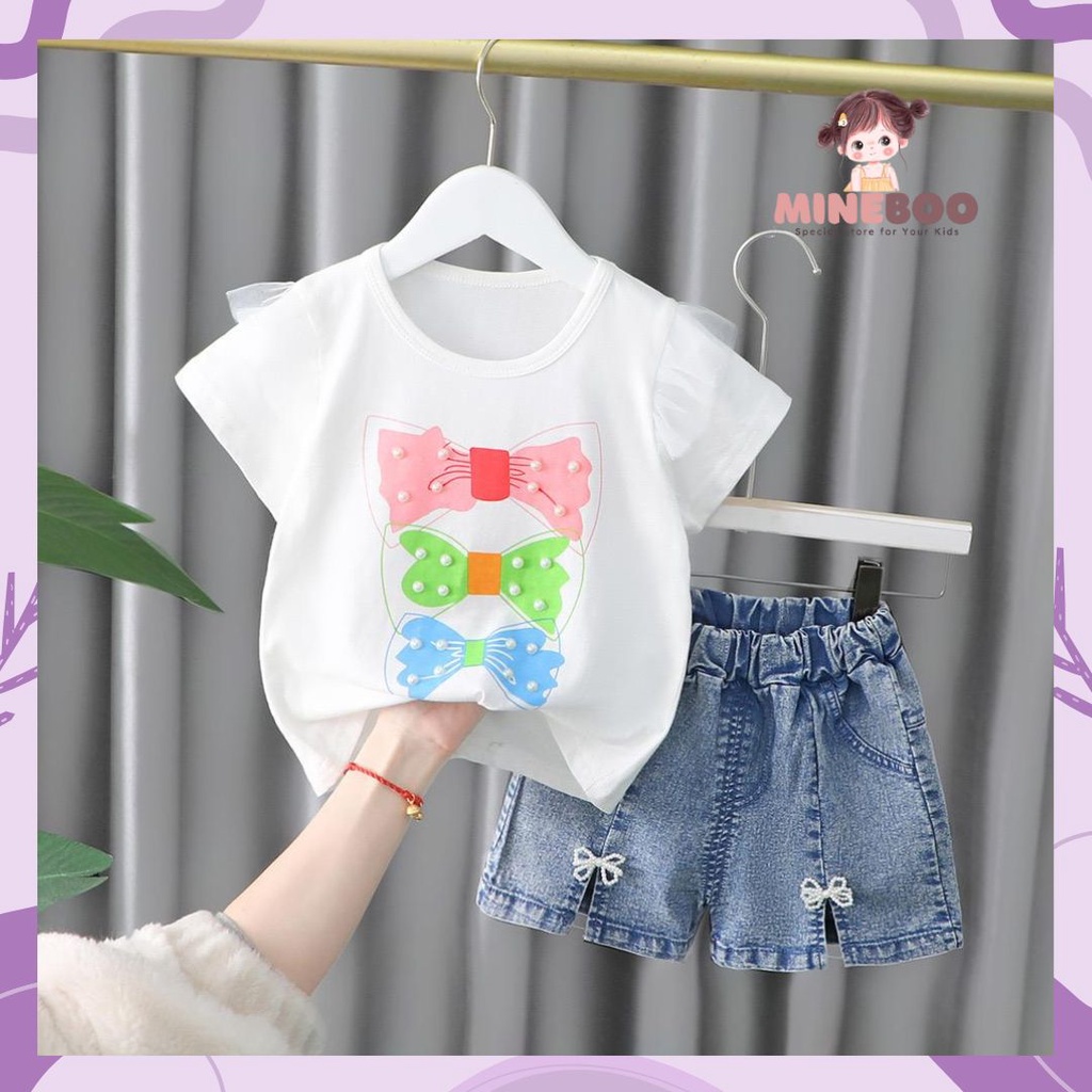 mineboo - SET RIBBON MOTEK EBV 1-5tahun Setelan anak perempuan baru/versi Korea kartun celana denim/baju anak perempuan