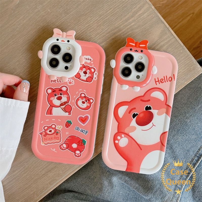 Kartun Sweet Strawberry Bear Manyo Case VIVO Y35 Y22 Y22 Y16 Y20 Y22s Y21 Y02s Y15s Y33s Y12i Y15 Y12 Y17 Y11 V25 Y15A V25E V23E V23 Y31 Y30 Y75 Y51 Y91 Y55 3D Sarung Monster Kecil