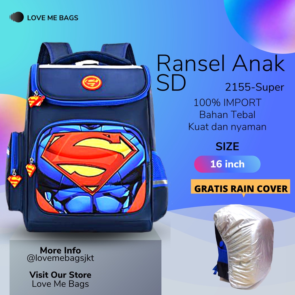 LMB Tas Anak Sekolah Laki Laki SD Import Bahan Nilon Premium Karakter Superhero Timbul 6D Tebal Gratis Raincover