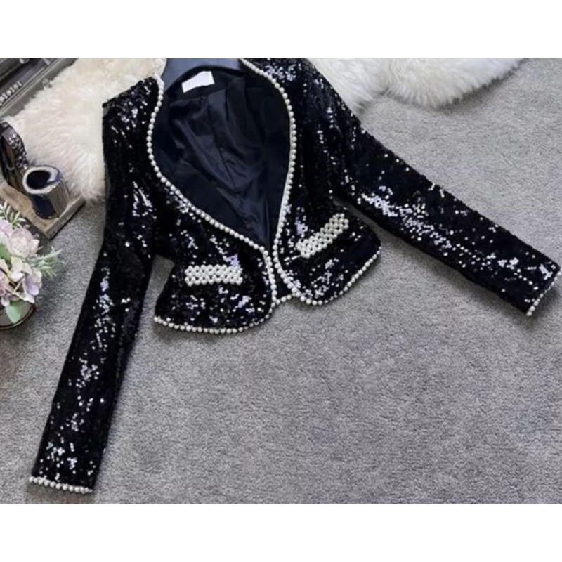 sequin pearl blazer chnl tag