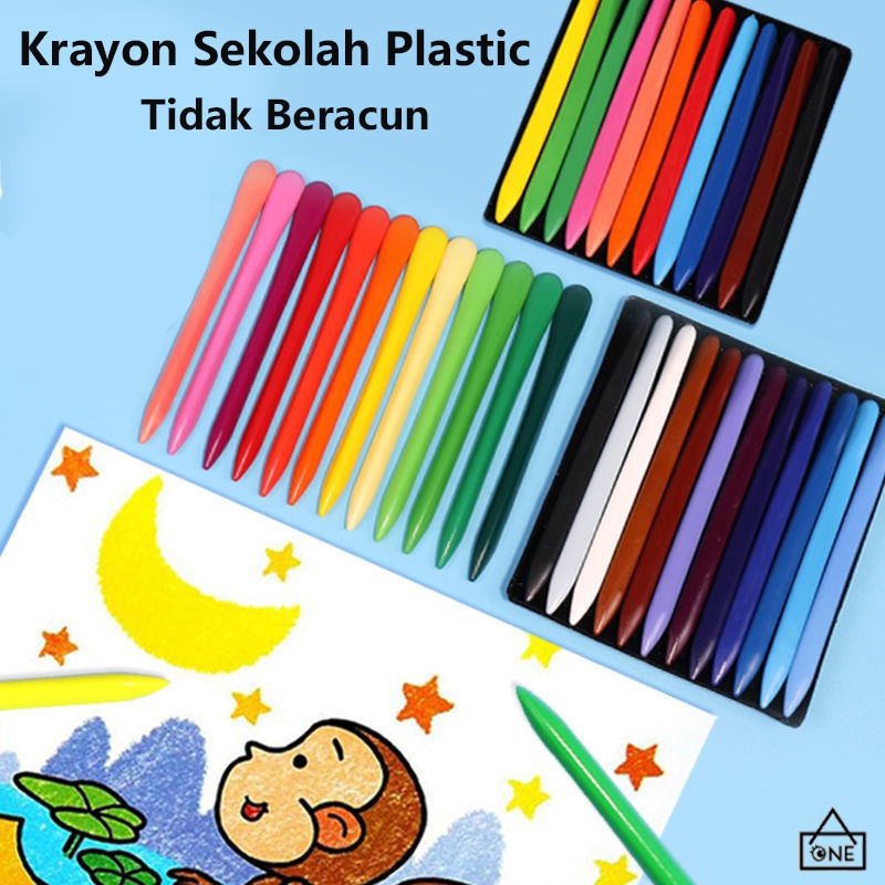 COD❤️Krayon Sekolah Plastic Crayon 6/12/24 Warna Cerah Bentuk Segitiga Ergonomis Tidak Beracun Bisa Dicuci Pena Stationary