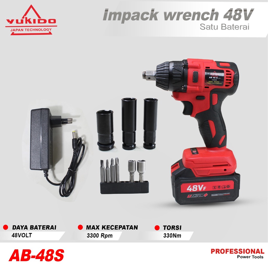 YUKIDO CORDLESS IMPACT WRENCH BRUSHLESS 600N.M impact baterai 88VF MESIN BOR  UNTUK BAUT MOBIL impact  48v original 2 baterai impek batera