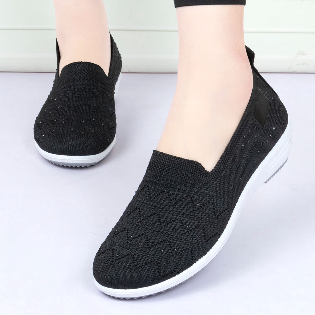 Permata Sepatu Highsole Slip On Wanita Q3641 Flyknit Shoes Import