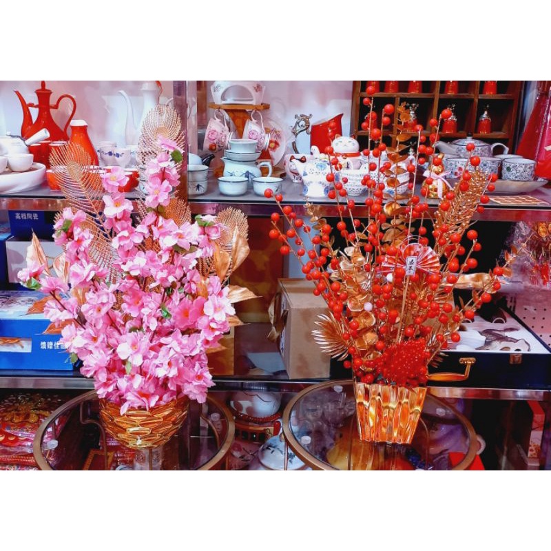 Pohon Bunga Hoki Imlek / Dekorasi Sakura Meihua Imlek / Bunga Bucket Imlek Peach Orange Meihua Willow CNY / Artificial Flower Bucket Imlek