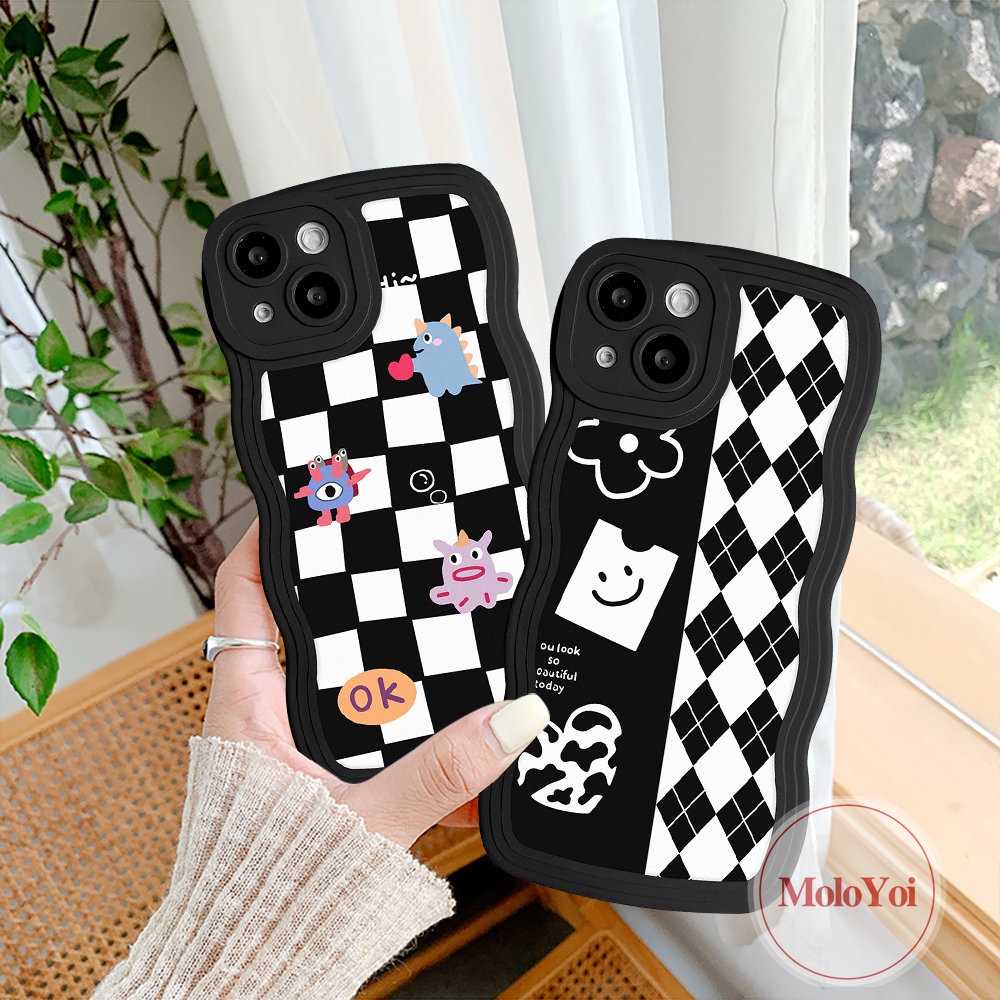 IPHONE Case Monster Kecil Kompatibel Untuk Iphone11 14 13 12 Pro Max 6 6s 8 7 Plus 14 Plus XR X XS Max SE 2020 Wavy Edge Kartun Diamond Grid Papan Catur Soft TPU Cover