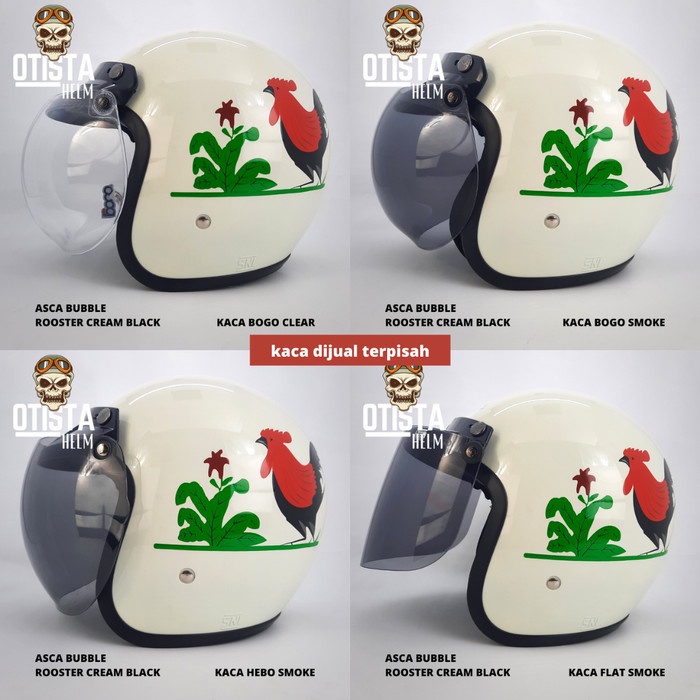 Helm Bogo Premium Ori High Quality Asca Rooster Cream Black Non Visor