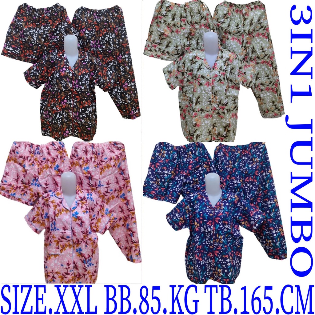 ISANNY PIYAMA SET 3IN1 SIZE XXL/KARAKTER 3IN1 JUMBO/BUNGA GISELLA/BAJU TIDUR DEWASA/READY STOCK