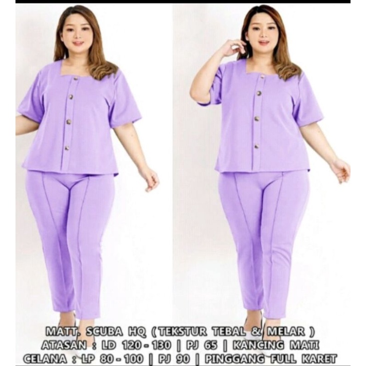 setelan baju perempuan big size ungu lilac material scuba jumbo