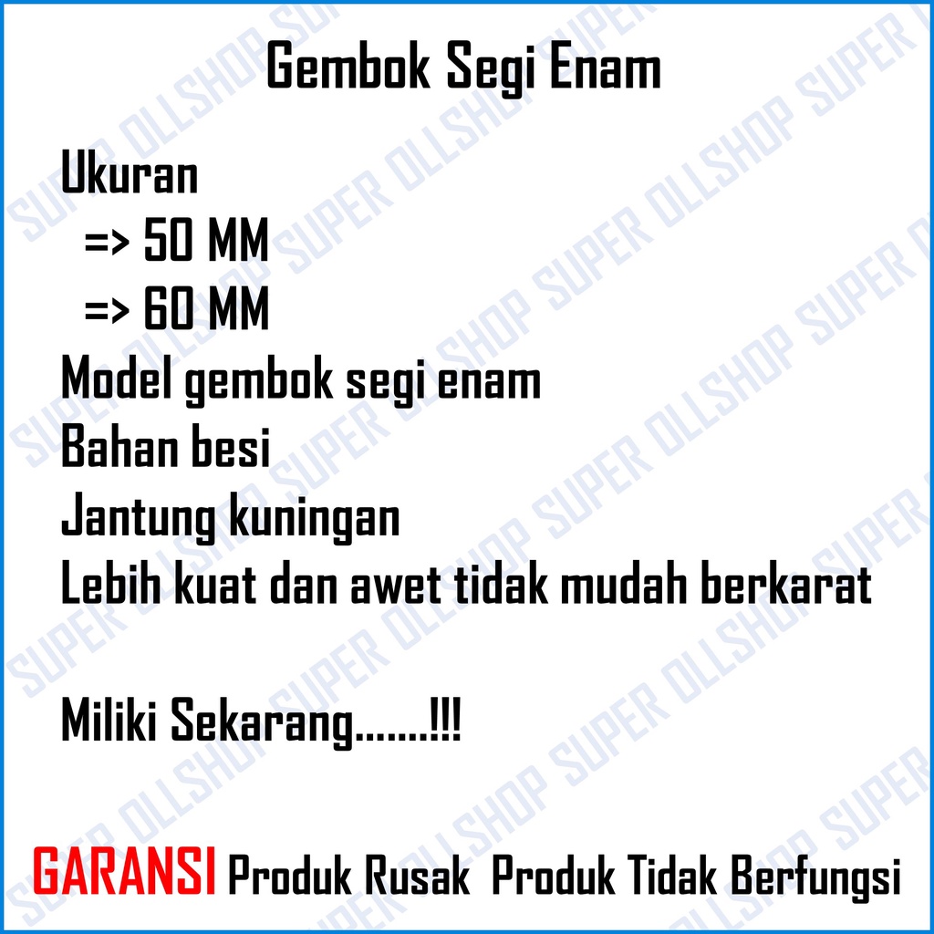 Gembok Anti Rust / Gembok Anti Maling / Gembok Anti Karat / Gembok Anti Cut / Gembok Pagar Gudang Segi Enam 50 MM 60 MM