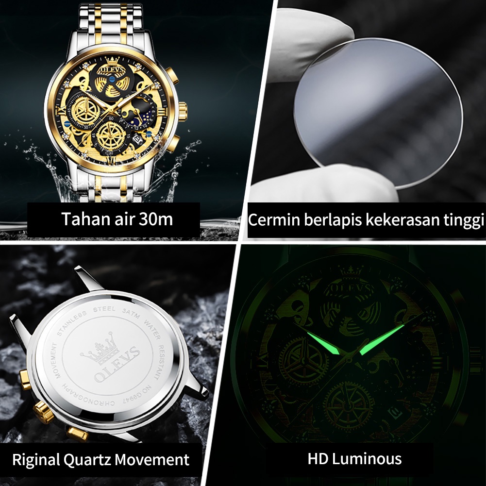 exclusive olevs jam tangan pria anti air original rantai keren terbaru mewah luxury stainless steel