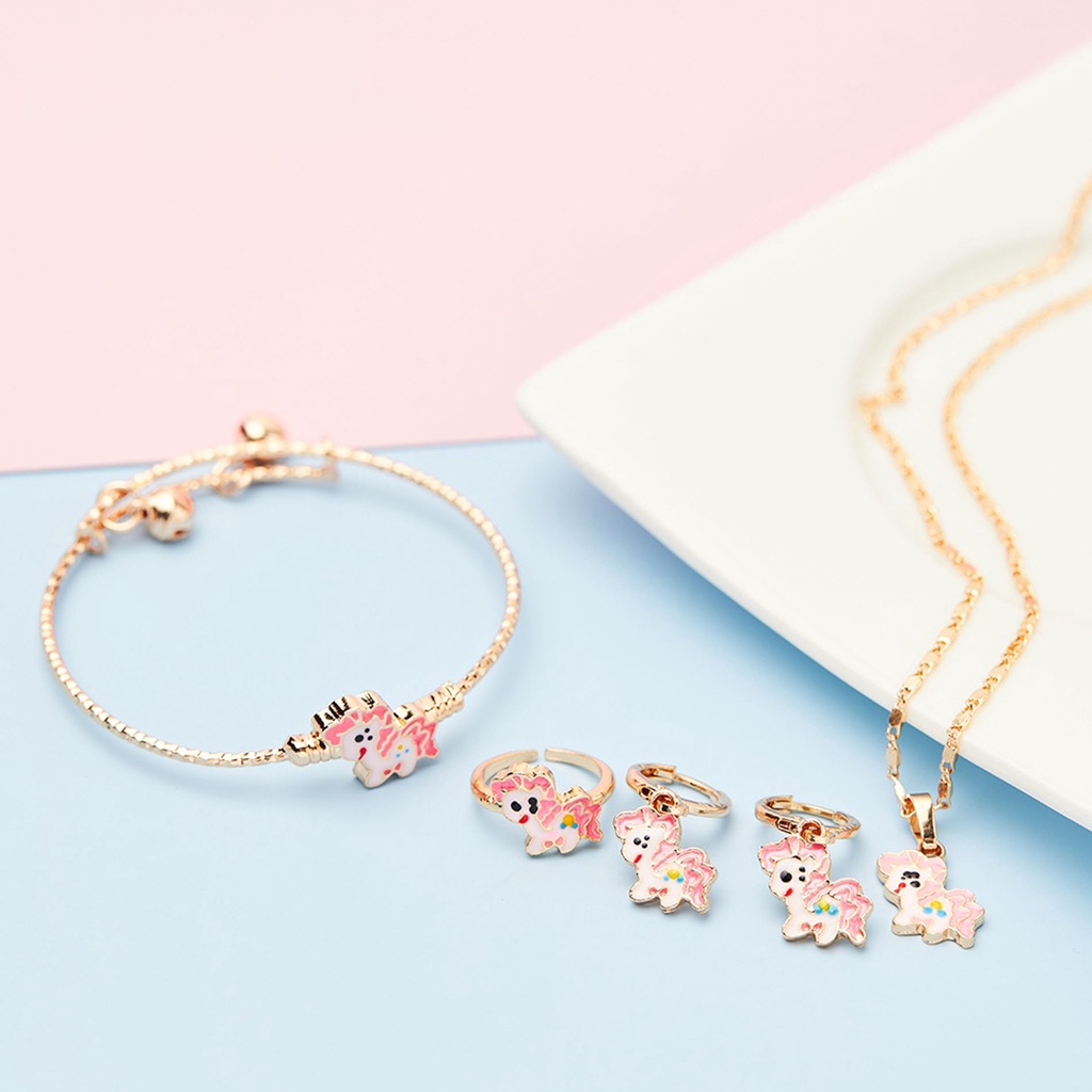 Paket Set Anak Kalung + Gelang + Cincin + Anting Unicorn Pink Gold Perhiasan Anak 737