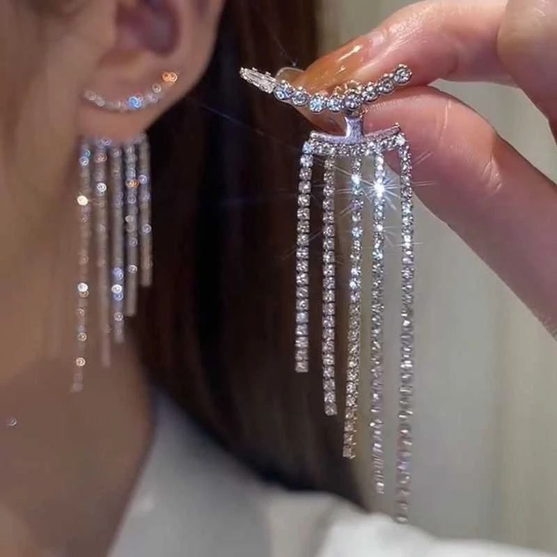 Kristal Pernikahan Pertunangan Perhiasan Indah Wanita Korea Trendi Rumbai Panjang Berlian Imitasi Anting Liontin Anting Pesta Fashion