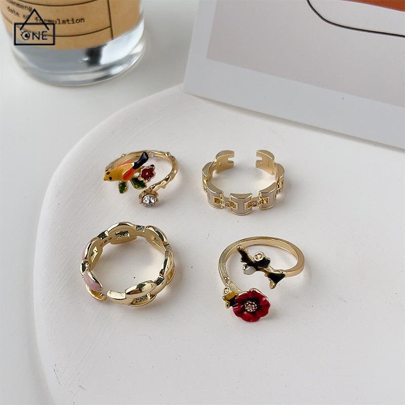 COD❤️Cincin Model Terbuka Bahan Alloy Desain Bungaburung Hias Berlian Imitasi Untuk Wanita Aksesori Cincin Serbaguna-A.one