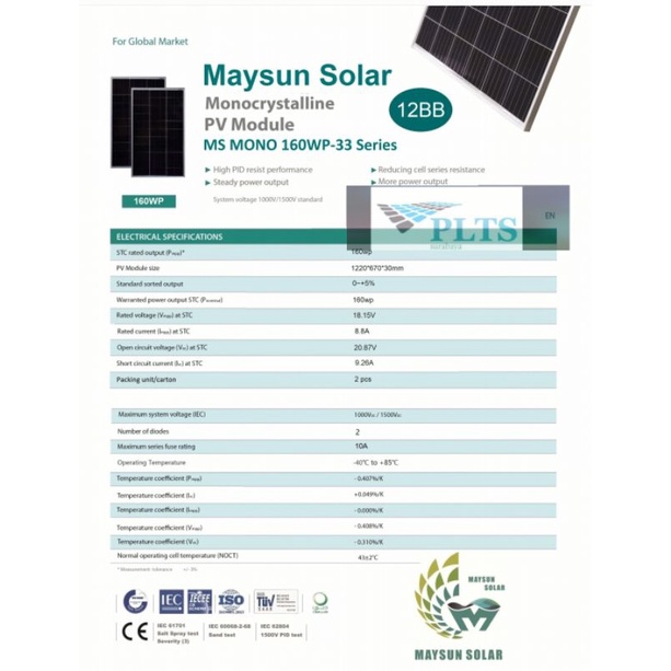Panel Surya 160wp Monocristallyn Pv module
