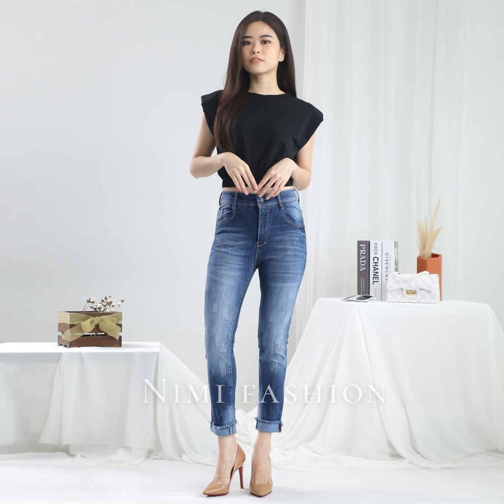 NIMI - Agnes Boyfriend Hw Celana Jeans Stretch Wanita High Waist Blue Stik Bulu