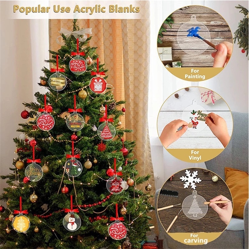 10pcs Akrilik Bening Bulat Disc Natal Ulang Tahun Tahun Tahun Baru Dekorasi Anak Lucu DIY Craft Writable Hias Liontin Pohon Natal Kunci Tas Sekolah Gantung Ornamen