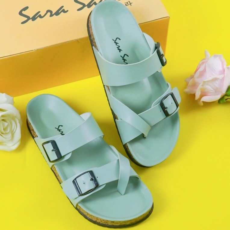 SARASARA YUK - Sandal Wanita Slop Casual Model Birken Sol Puyuh SARA SARA KELLY Sendal Selop Cewek Kulit Santai Strap Gesper Ban dua Empuk Size 36 37 38 39 40 Warna Yellow Kuning Anti Slip Premium Original Kekinian Terbaru Shoes ORI Mall Official Store