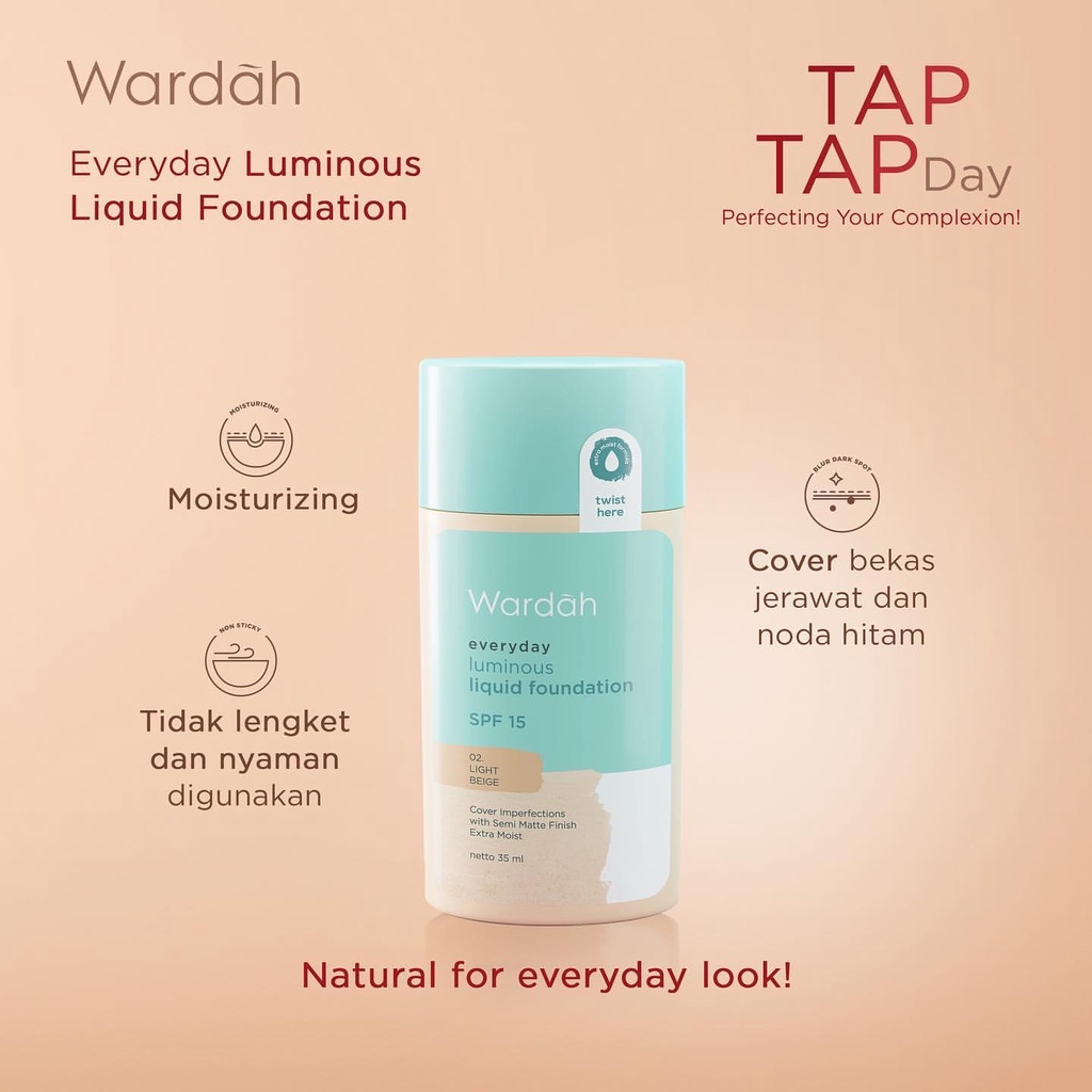 WARDAH Everyday Luminous Liquid Foundation Indonesia / Foundation Cair Wajah 35ml / SPF 15 Cover Imperfectiona With Semi Matte Finish Extra Moist White Light Beige Natural / Coverage Moisturizing Membabkan / Cosmetic Face Makeup Make Up Every Day Series