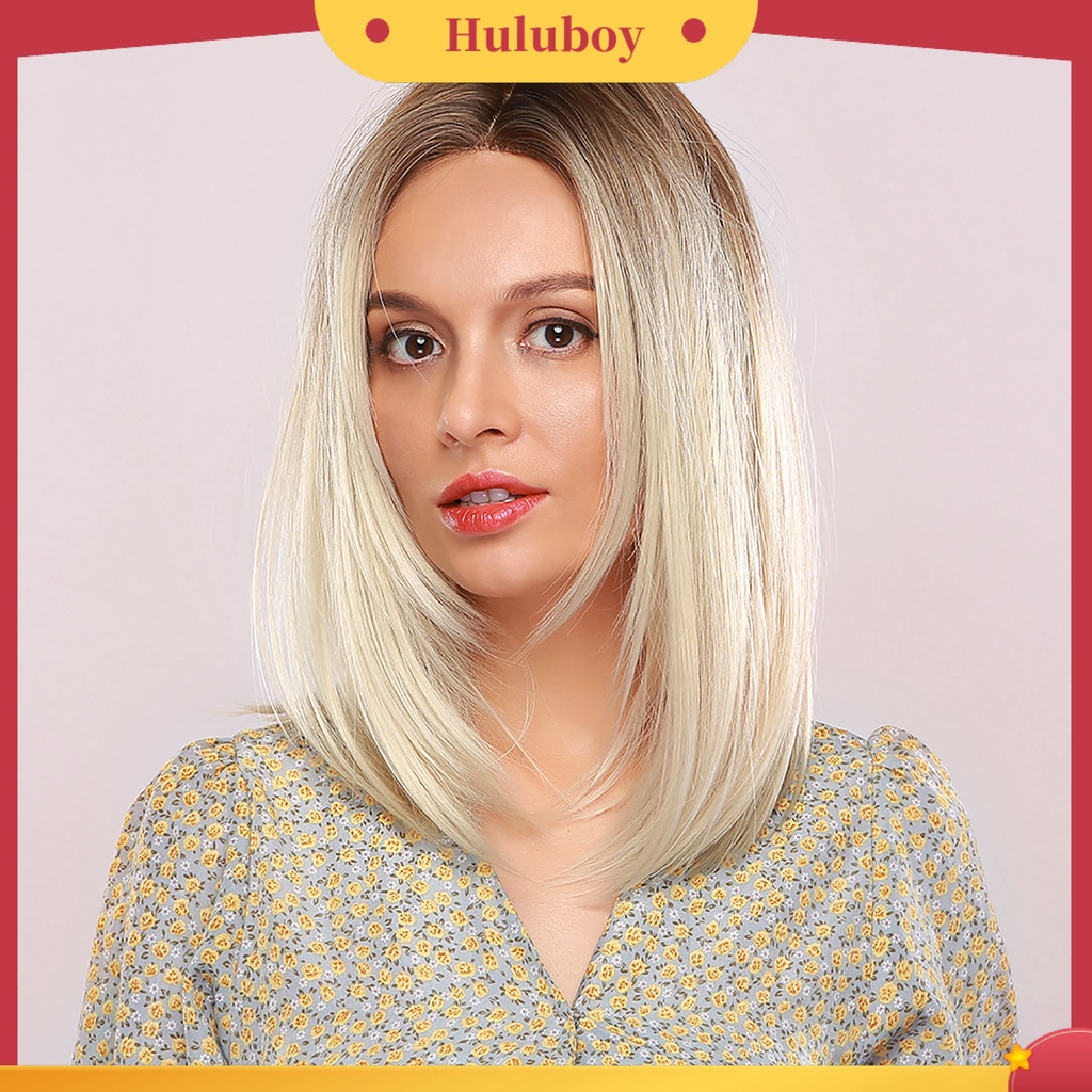 Wig Rambut Sintetis Model Pendek Lurus Natural Tahan Panas Ukuran 18 Inch Untuk Wanita