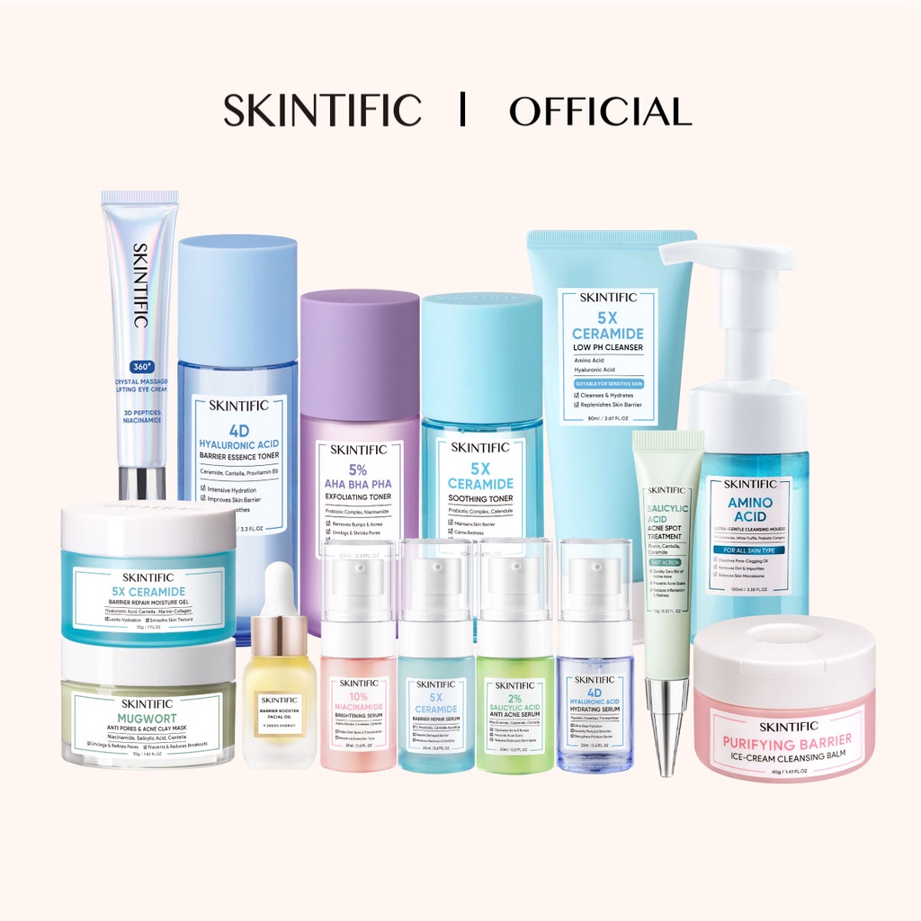 SKINTIFIC - 5X Ceramide Cleanser/Essence Toner / 10% Niacinamide Serum / 4D Hyaluronic Acid / Moisture Gel / Exfoliating Toner/ Acne Serum / Lifting Eye Cream / Acne Clay Mask/Amino Acid Facial Foam/Daily Clarifying Toner/Facial Oil/Cleansing Balm