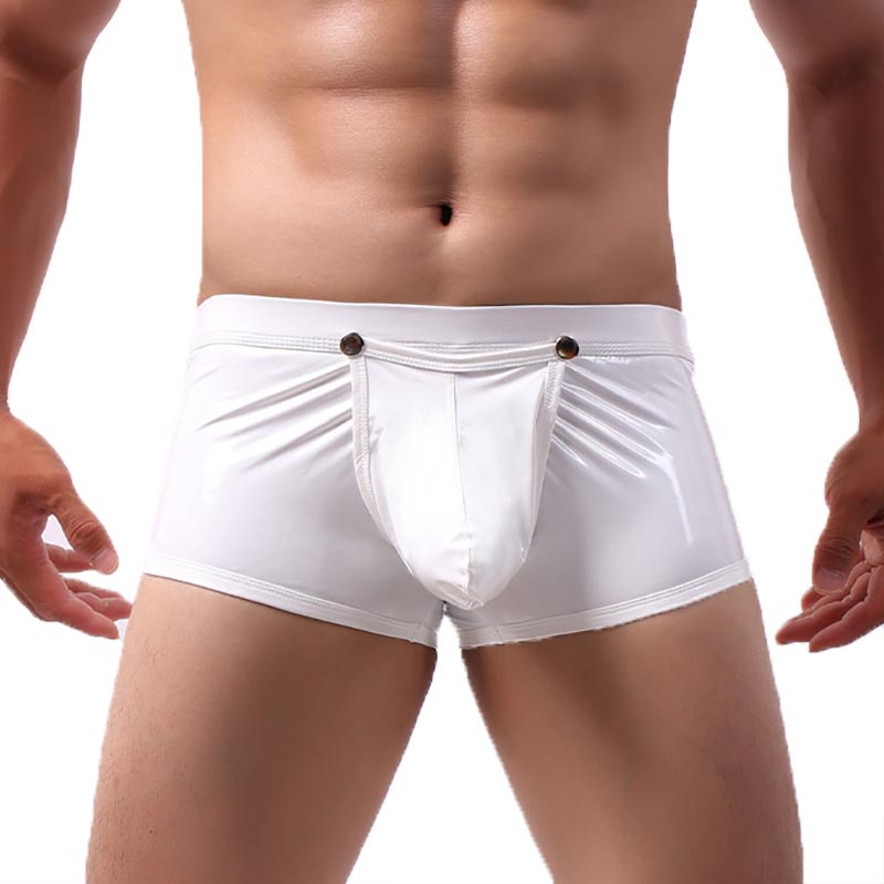 Men Boxer Shorts Lingerie Button Open Crotch Panties PU Leather Gay Latex Shiny Clubwear Underwear B