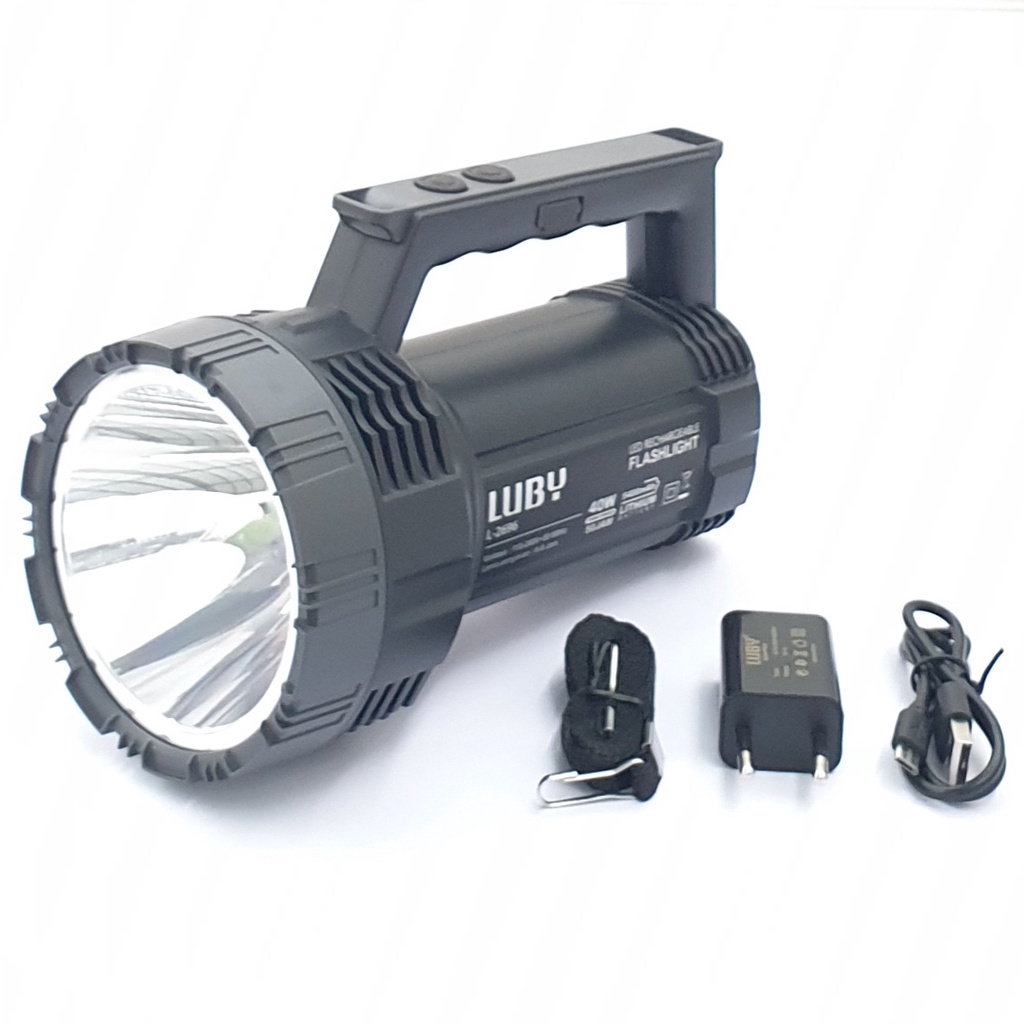 Luby Premium Quality Senter Led Jumbo 40w 60w 80w Cahaya PUTIH Rechargeable Led Flashlight