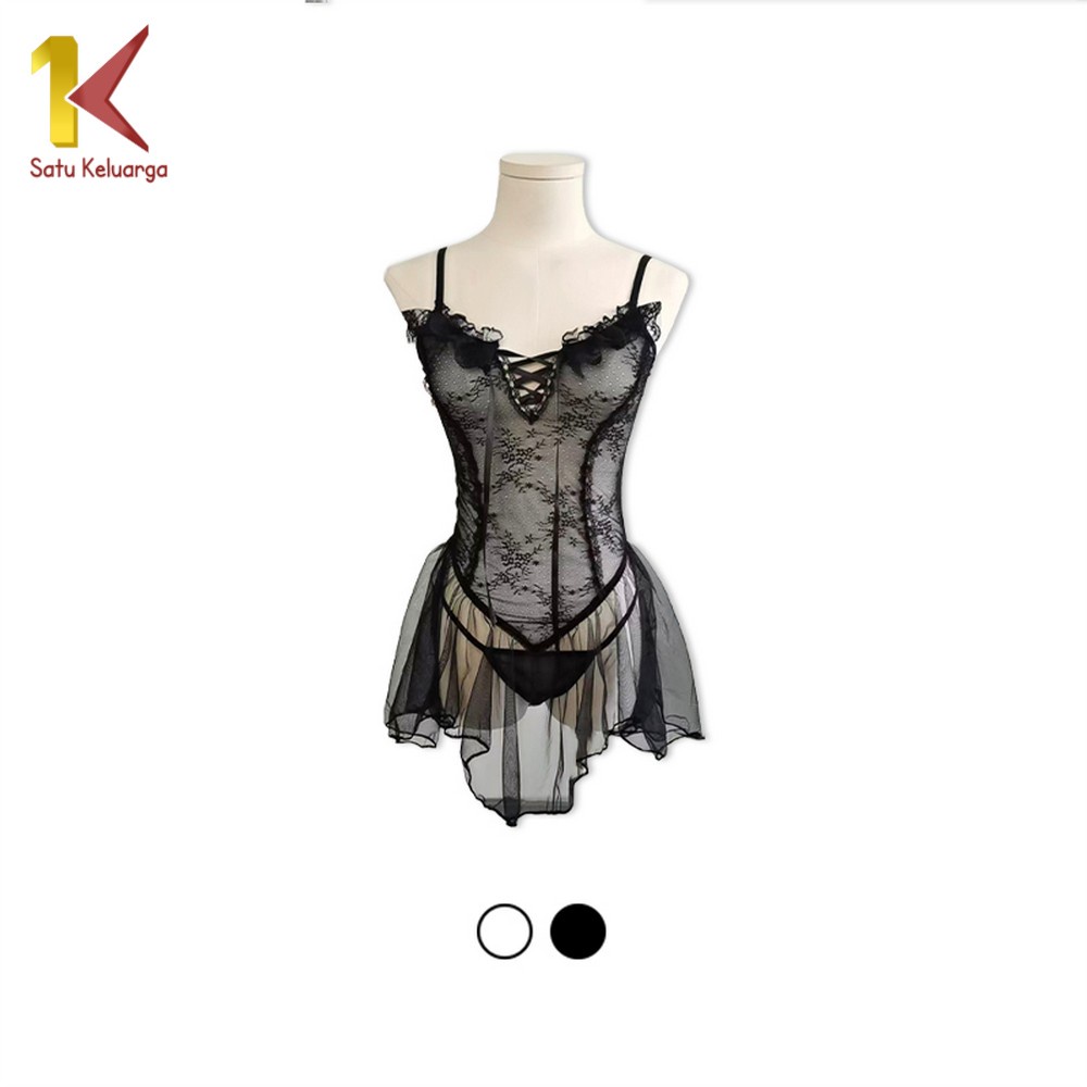 1K Dress Vneck Lingerie Sexy Transparant + Gstring Wanita P503 Lace Set Baju Tidur Seksi Dress Style