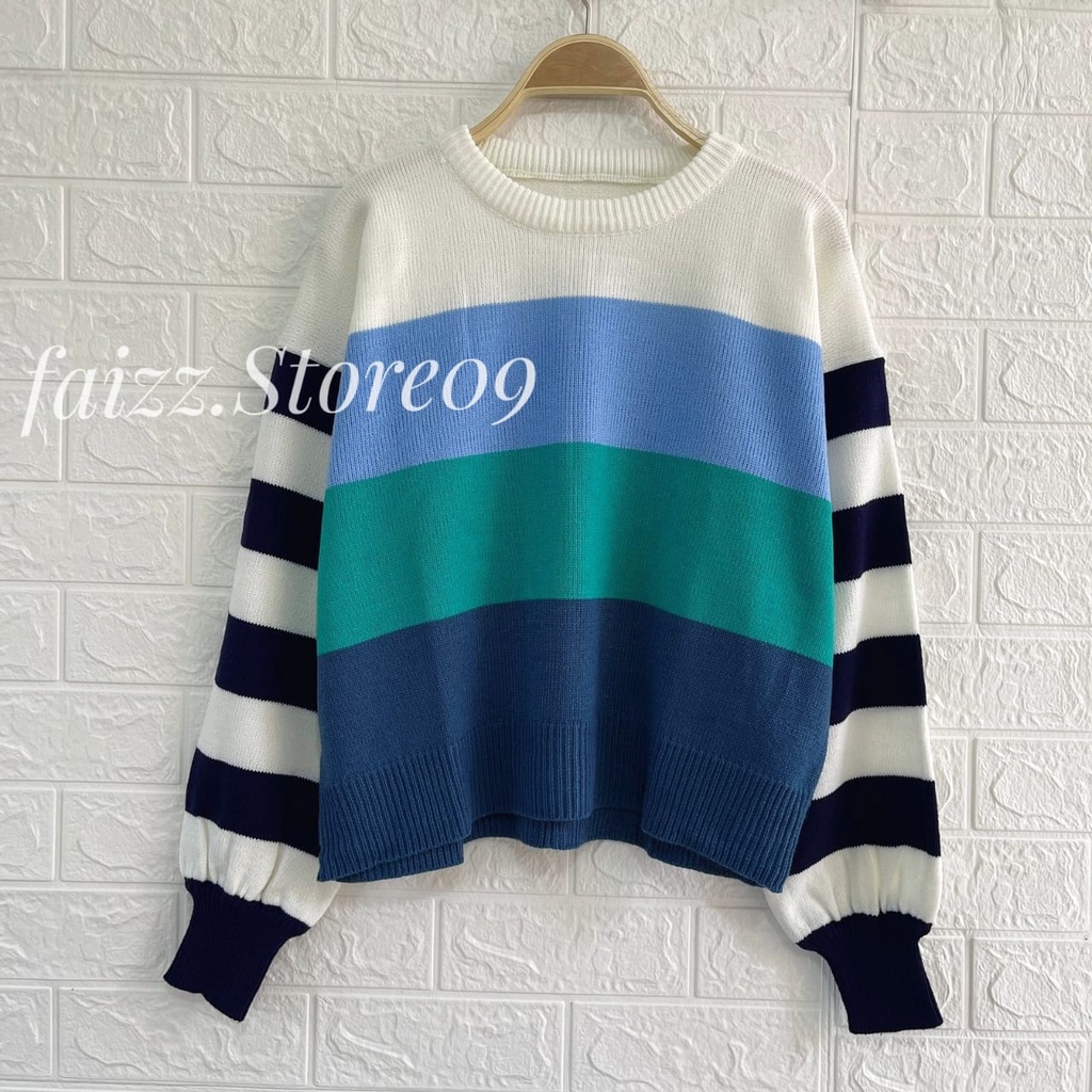 MELANDA SWEATER RAJUT STIRIPE BLASTER ATASAN WANITA LENGAN PANJANG