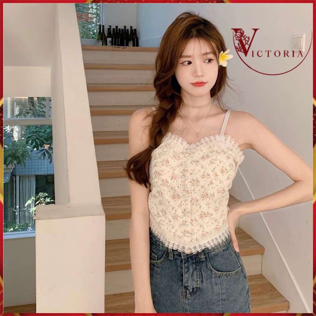 Victoria Korean Lace Pearl Floral Tank Top Atasan Wanita Import All Size 1131