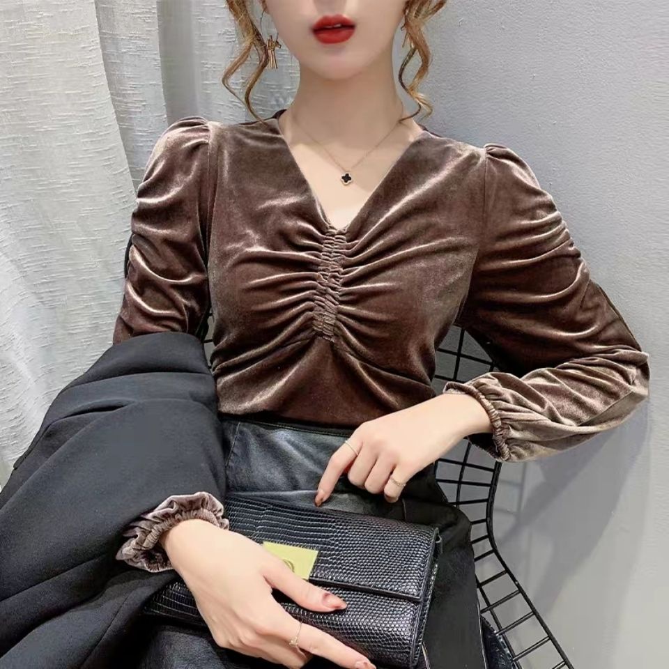 ㍿✙Suhao emas beludru bottoming kemeja wanita musim semi dan musim gugur 2022 gaya baru gaya asing longgar all-match puff lengan v-neck top lengan panjang t-shirt