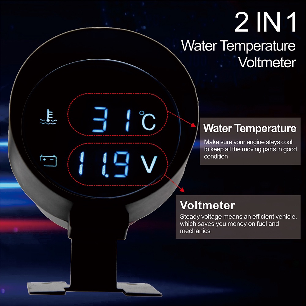 2 In 1 Sensor Suhu Air Digital Led Bentuk Bulat 2 In 1 Tegangan Volt Meter 12.0v 24v Untuk Mobil Truk