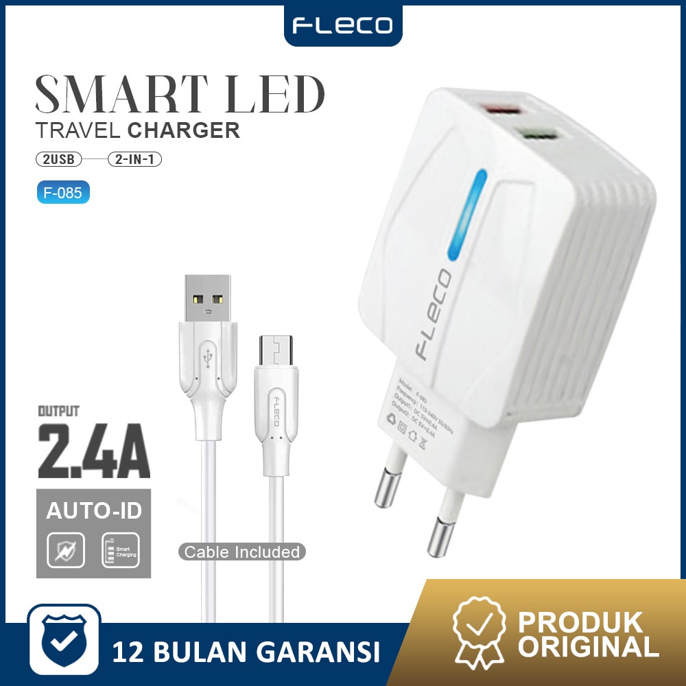 CHARGER FLECO F-085 TA-200 TA-300 TA-500 3.1A LCD LED Display Cas 2in1 Smart Fast Charging Qualcomm 