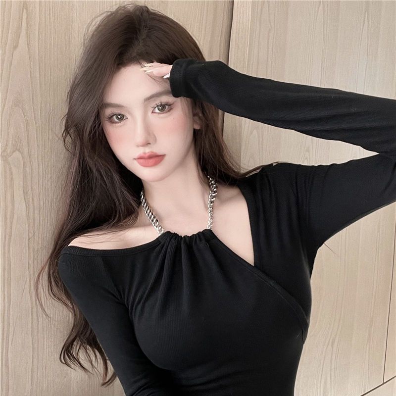 ✕✑Suhao Strapless Rantai Menggantung Leher Lengan Panjang T-shirt Wanita Musim Gugur dan Musim Dingin 2022 Baru Manis dan Niche Temperamen All-Match Tipis Top