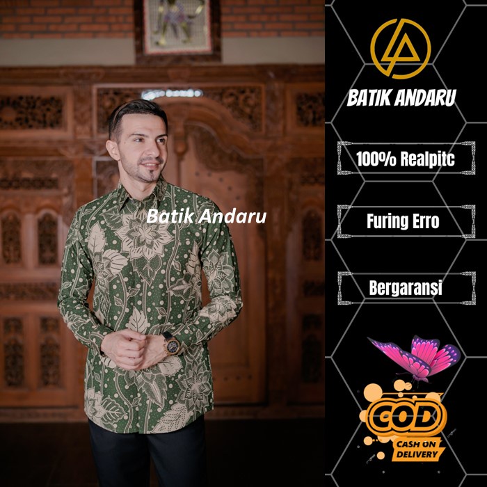 Atasan Baju Batik Pria Lengan Panjang Modern Bahan Katun Primisima Solo Kualitas Premium Warna Hijau Green