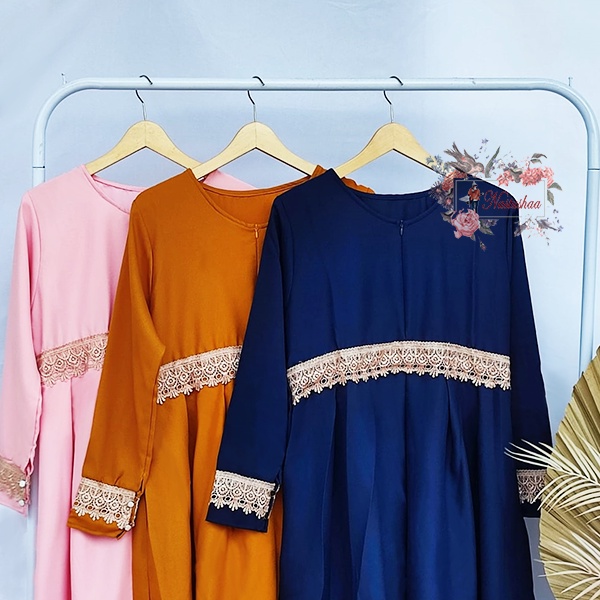 Gamis Syari Terbaru kekinian Bahan Wollycrepe Baju Masa kini Polos Mix Renda Cantik Promo Murah Long Dress Kombinasi Renda FREE PASHMINA