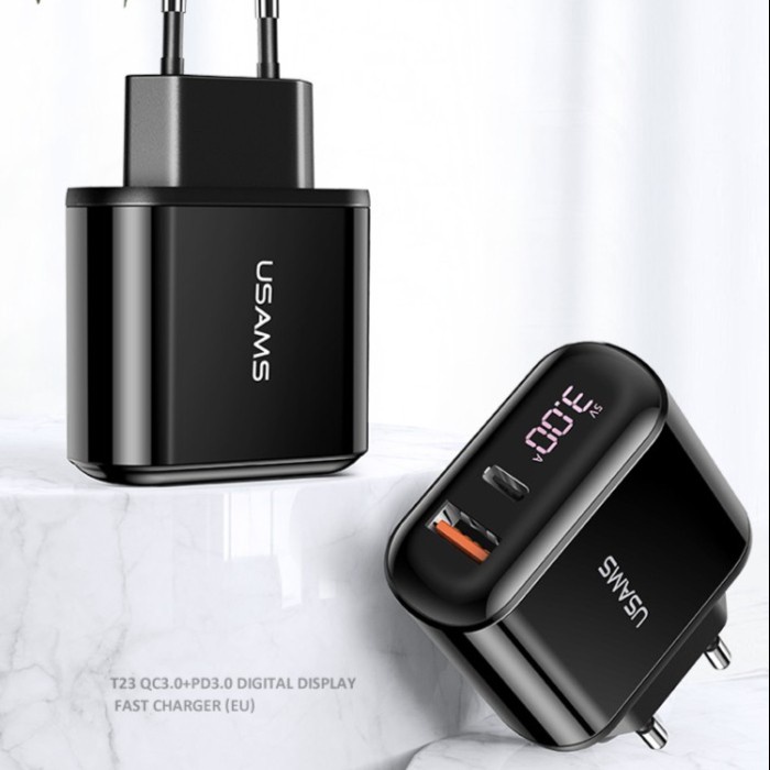 USAMS CC085 T23 Kepala Adapter Charger 18W Digital Display Dual Port Output QC3.0 PD3.0 Fast Charging