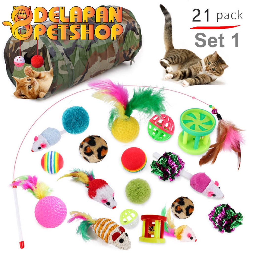 Cat Toys Set isi 21 pcs Mainan Kucing Lengkap dengan Cat Tunnel Cat Teaser Bola Lonceng Tikus