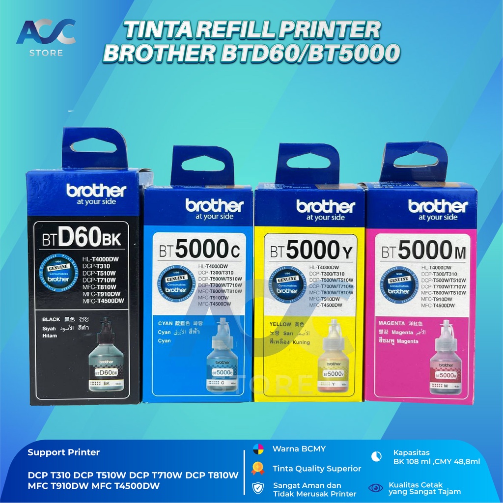 1 SET 4 PCS Tinta Brother BTD60BK BT5000 Isi Ulang Printer HL T4000DW DCP T310 T510W T710W MFC T810W T910DW T4500DW