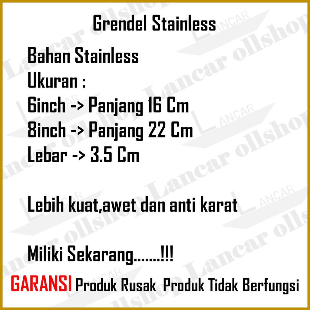 Grendel Pintu Stainless / Grendel Jendela / Slot Pintu / Slot Jendela 2 / 3 / 4 inch Grendel Panjang 6 inch 8 inch