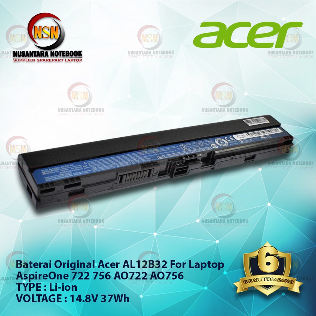 Baterai Original Acer AL12B32 For Laptop AspireOne 722 756 AO722 AO756 V5-171