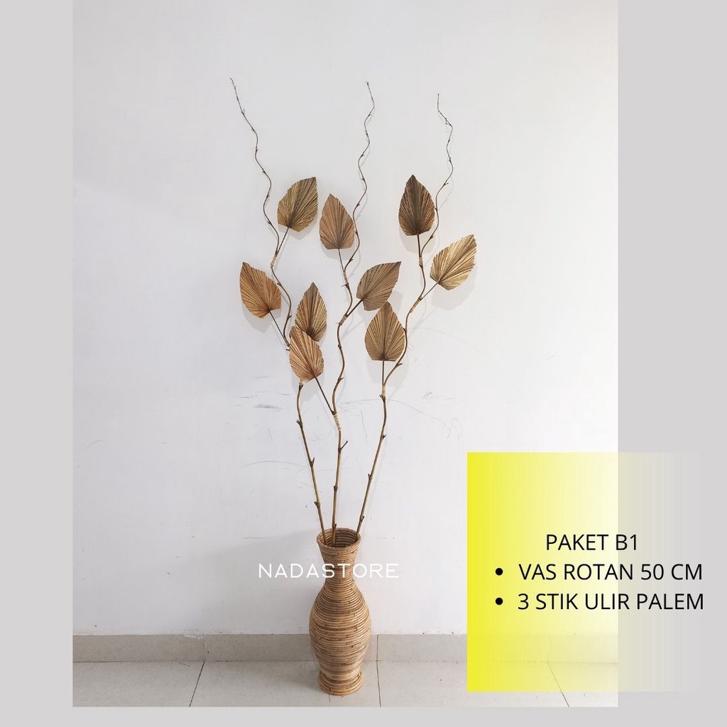 Paket Lengkap Vas Rotan dan Stik Ulir bunga kering Decor Home Decor