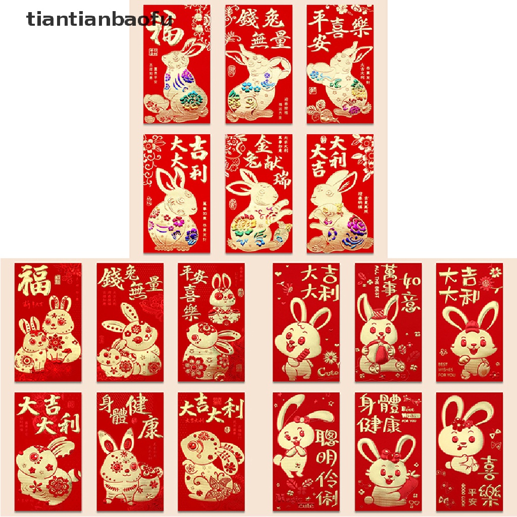 [tiantianbaofu] 6 Pcs 2023tahun Baru Imlek Amplop Merah Kelinci Tahun Amplop Lucky Hong Bao Butik